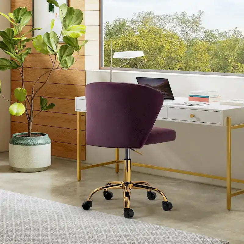 Fauteuil de bureau sans accoudoirs en velours multicolore avec dossier capitonné et base en métal doré