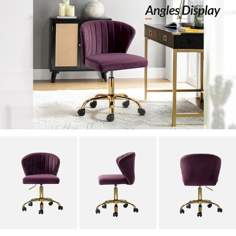 Fauteuil de bureau sans accoudoirs en velours multicolore avec dossier capitonné et base en métal doré