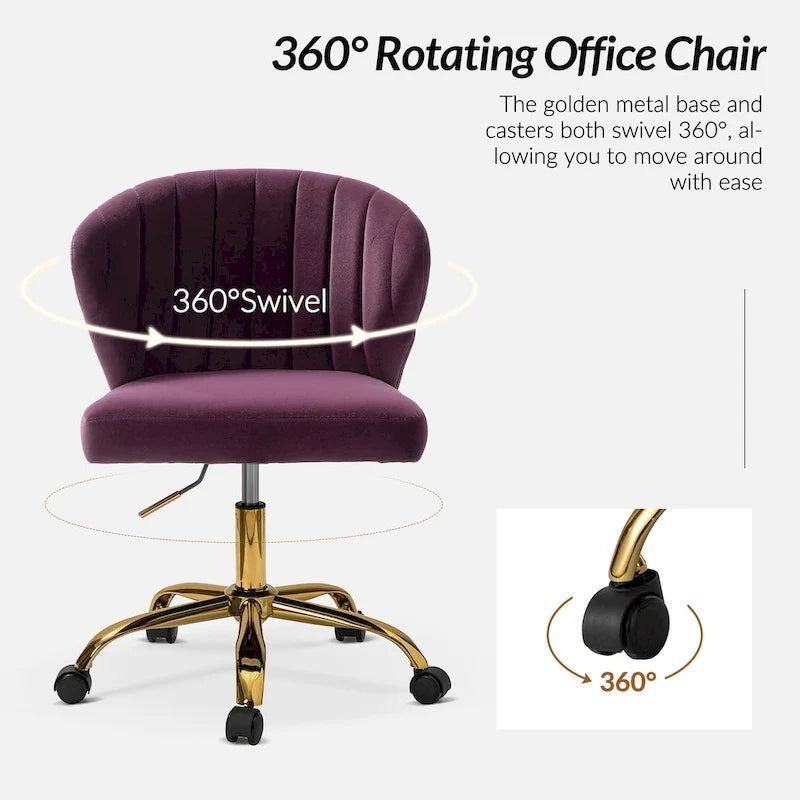 Fauteuil de bureau sans accoudoirs en velours multicolore avec dossier capitonné et base en métal doré