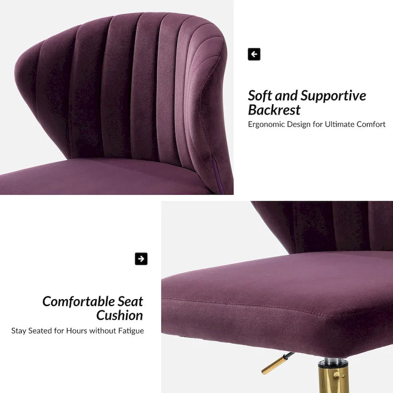 Fauteuil de bureau sans accoudoirs en velours multicolore avec dossier capitonné et base en métal doré