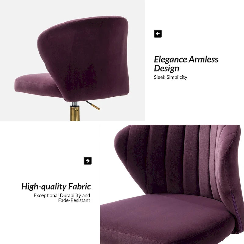 Fauteuil de bureau sans accoudoirs en velours multicolore avec dossier capitonné et base en métal doré