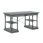 Bureau de 150 cm en bois de peuplier gris/naturel/blanc antique avec placage d'orme, 4 étagères et 1 tiroir