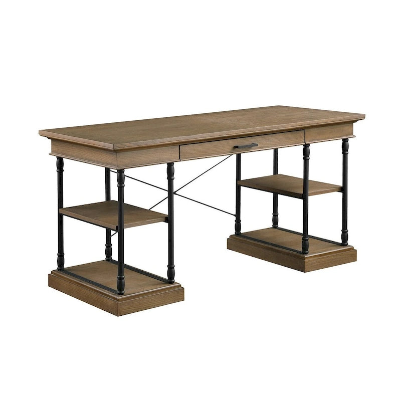 Bureau de 150 cm en bois de peuplier gris/naturel/blanc antique avec placage d'orme, 4 étagères et 1 tiroir