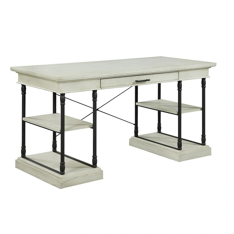 Bureau de 150 cm en bois de peuplier gris/naturel/blanc antique avec placage d'orme, 4 étagères et 1 tiroir