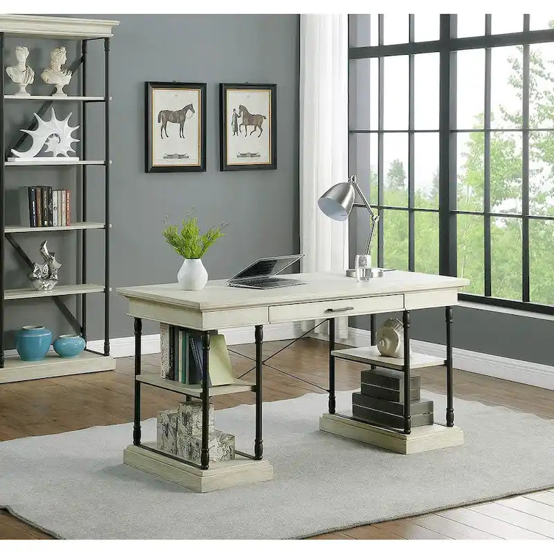 Bureau de 150 cm en bois de peuplier gris/naturel/blanc antique avec placage d'orme, 4 étagères et 1 tiroir