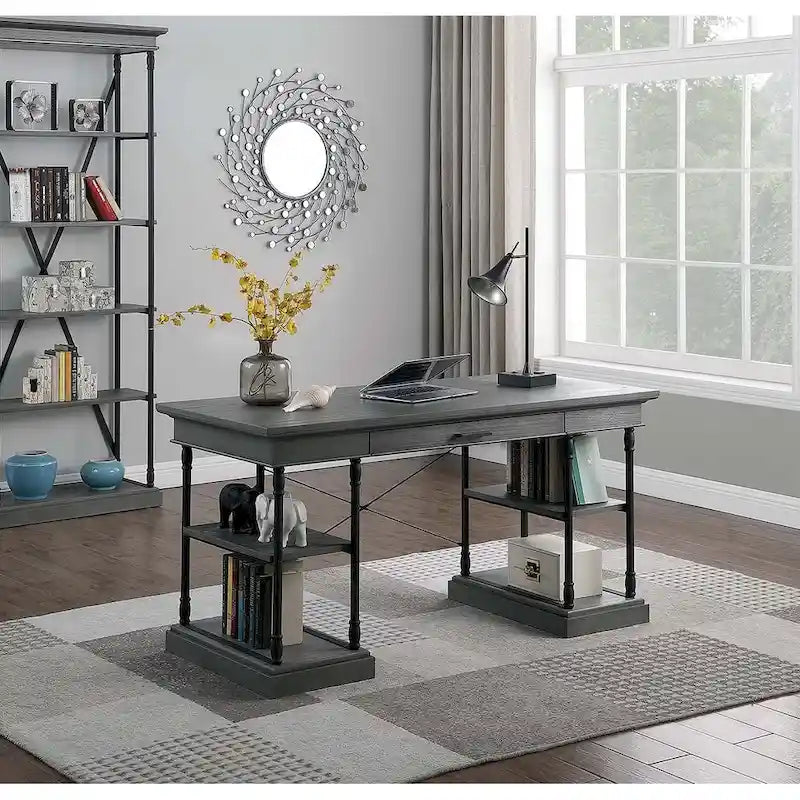 Bureau de 150 cm en bois de peuplier gris/naturel/blanc antique avec placage d'orme, 4 étagères et 1 tiroir