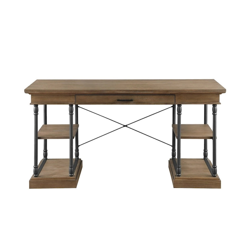Bureau de 150 cm en bois de peuplier gris/naturel/blanc antique avec placage d'orme, 4 étagères et 1 tiroir
