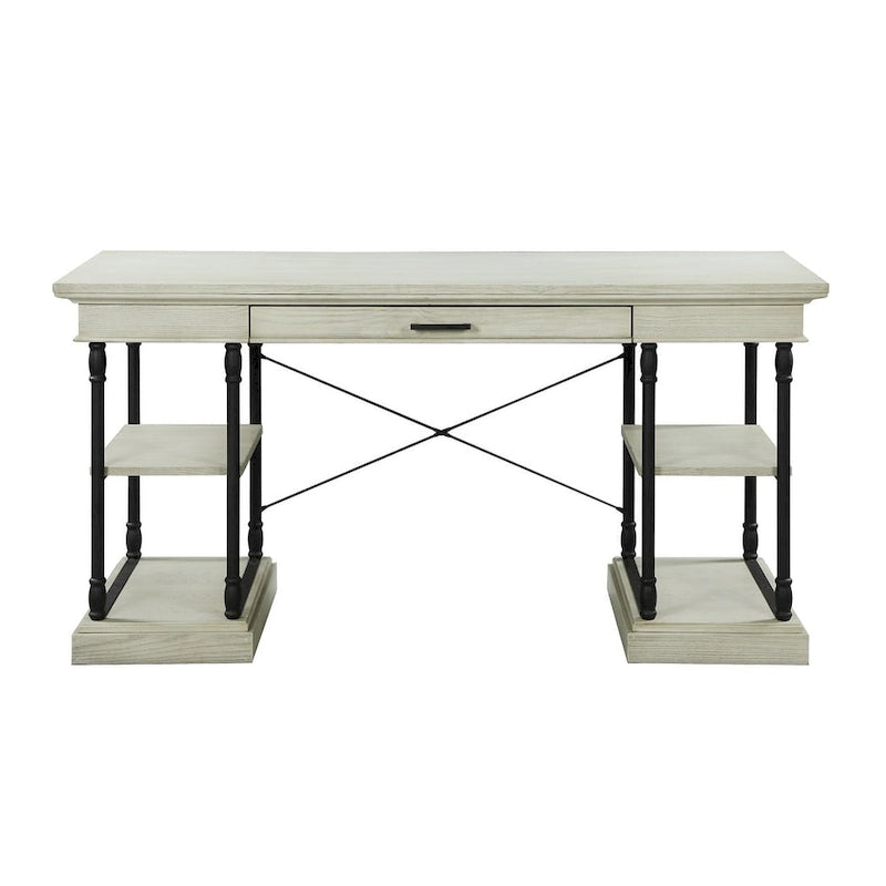 Bureau de 150 cm en bois de peuplier gris/naturel/blanc antique avec placage d'orme, 4 étagères et 1 tiroir