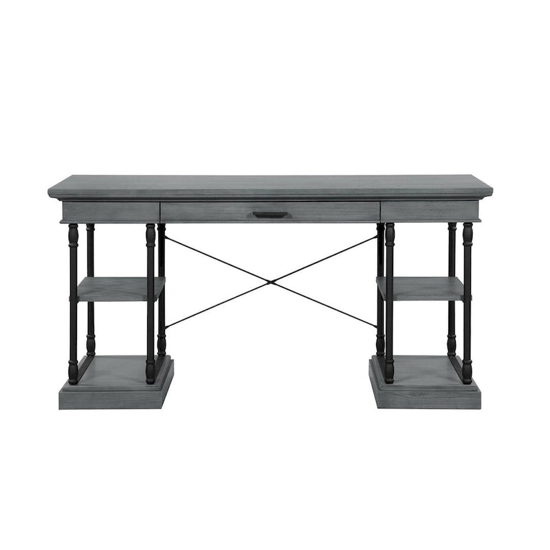 Bureau de 150 cm en bois de peuplier gris/naturel/blanc antique avec placage d'orme, 4 étagères et 1 tiroir