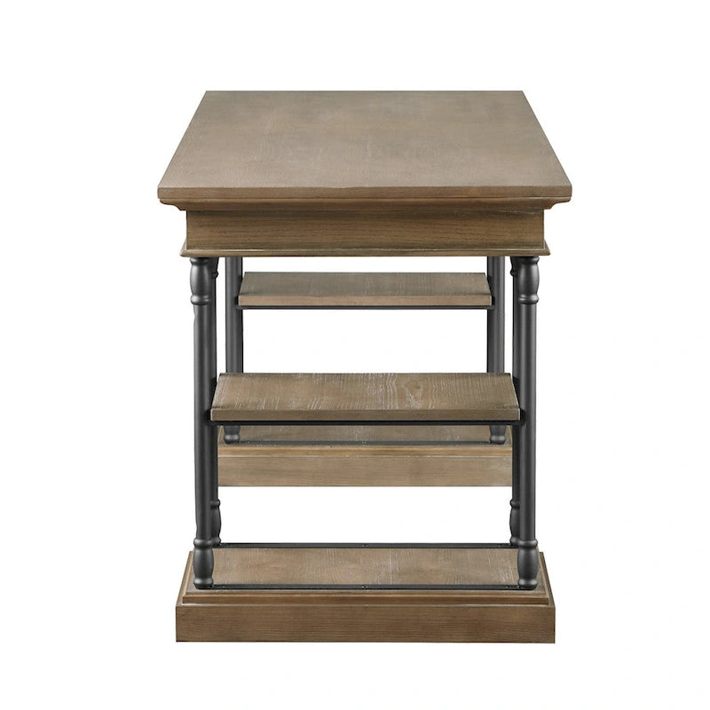 Bureau de 150 cm en bois de peuplier gris/naturel/blanc antique avec placage d'orme, 4 étagères et 1 tiroir