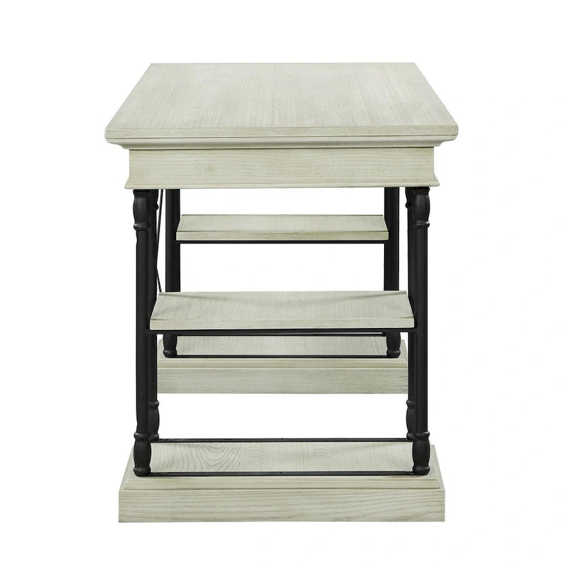 Bureau de 150 cm en bois de peuplier gris/naturel/blanc antique avec placage d'orme, 4 étagères et 1 tiroir