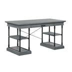 Bureau de 150 cm en bois de peuplier gris/naturel/blanc antique avec placage d'orme, 4 étagères et 1 tiroir