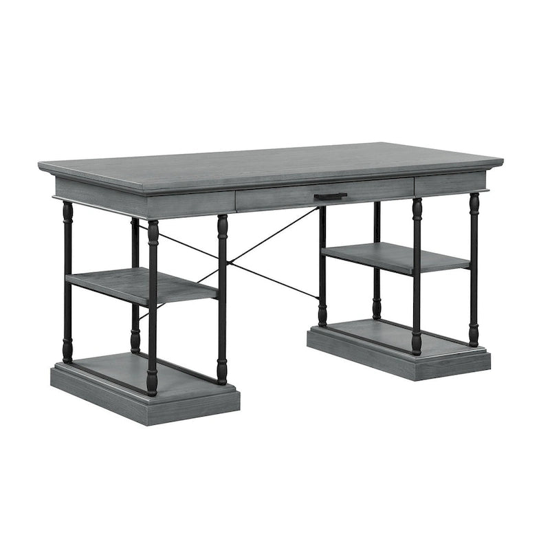 Bureau de 150 cm en bois de peuplier gris/naturel/blanc antique avec placage d'orme, 4 étagères et 1 tiroir