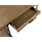Bureau de 150 cm en bois de peuplier gris/naturel/blanc antique avec placage d'orme, 4 étagères et 1 tiroir