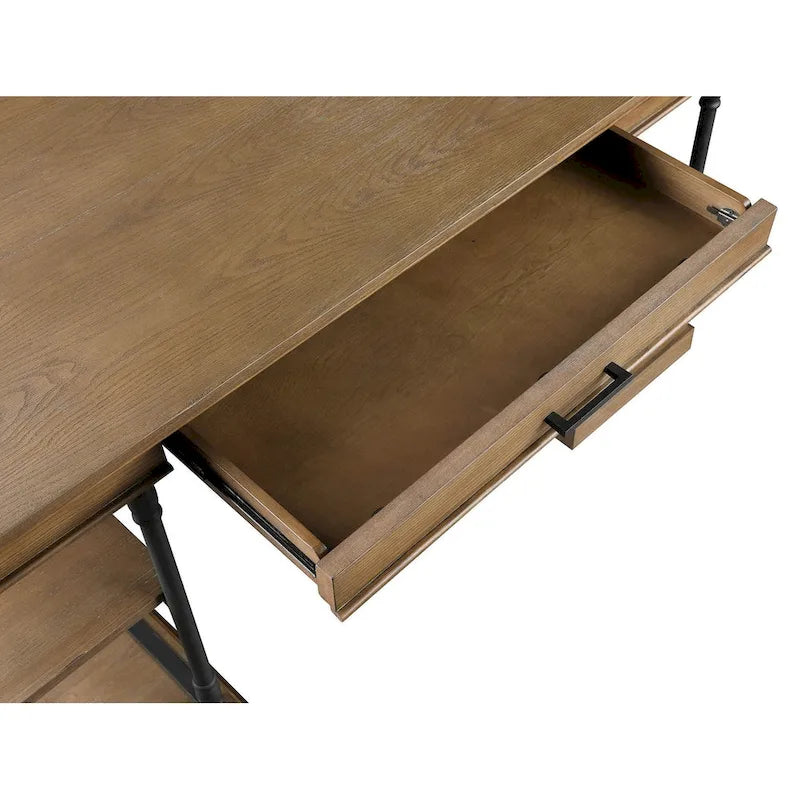 Bureau de 150 cm en bois de peuplier gris/naturel/blanc antique avec placage d'orme, 4 étagères et 1 tiroir
