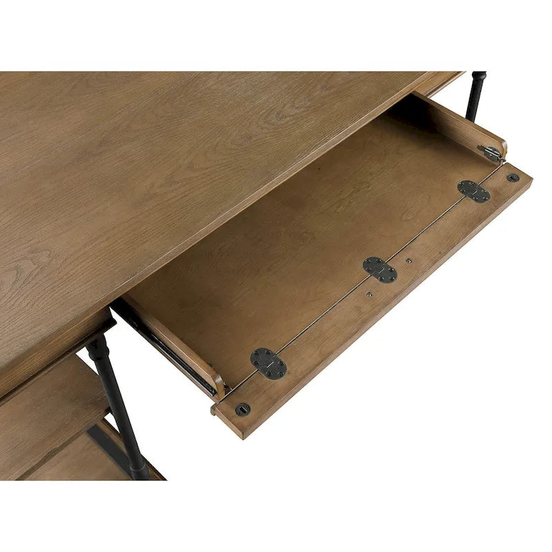 Bureau de 150 cm en bois de peuplier gris/naturel/blanc antique avec placage d'orme, 4 étagères et 1 tiroir