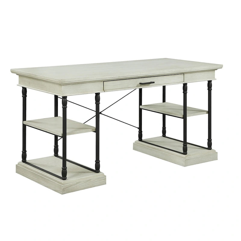 Bureau de 150 cm en bois de peuplier gris/naturel/blanc antique avec placage d'orme, 4 étagères et 1 tiroir