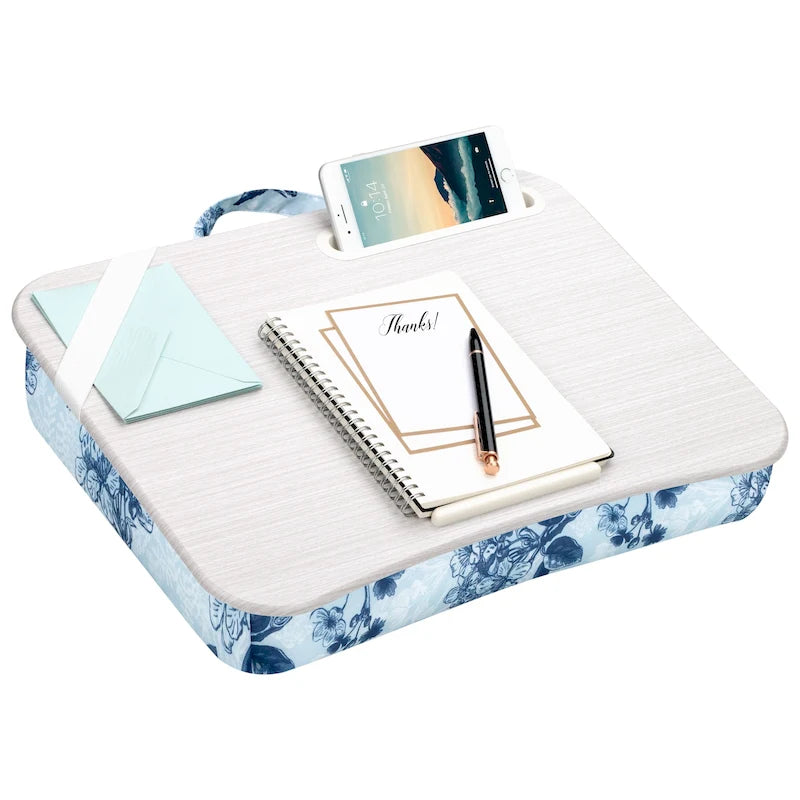 Bureau portable multi-motifs avec coussin de microbilles, fente pour téléphone et bande élastique pour 1