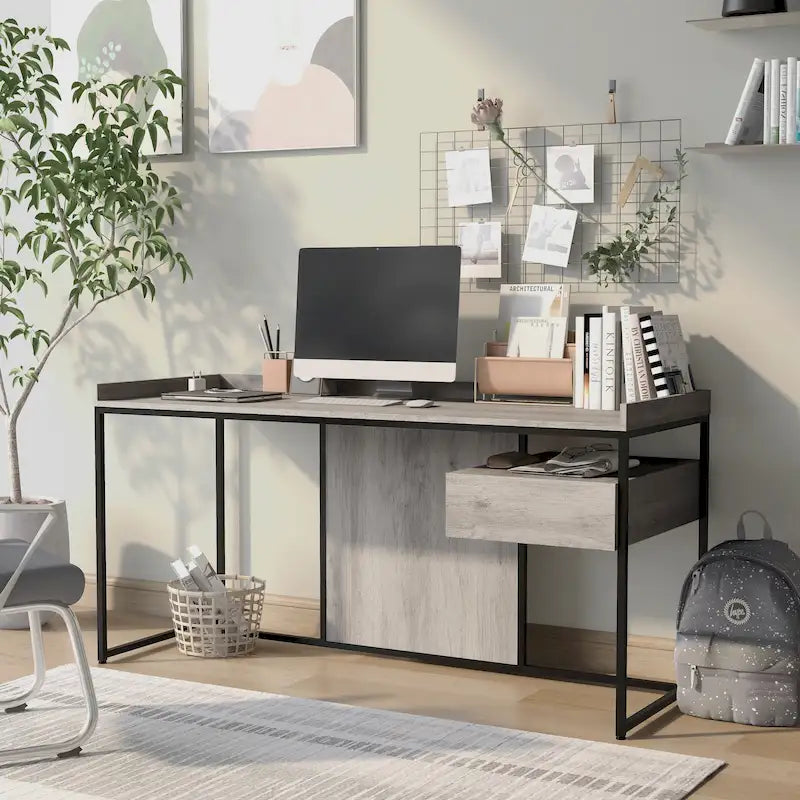 Bureau industriel gris clair / chêne rustique avec tiroir, étagère et ports USB pour 1 personne