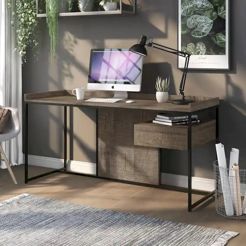Bureau industriel gris clair / chêne rustique avec tiroir, étagère et ports USB pour 1 personne