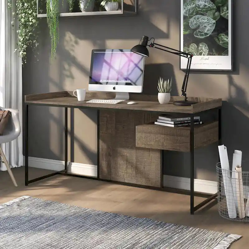 Bureau industriel gris clair / chêne rustique avec tiroir, étagère et ports USB pour 1 personne