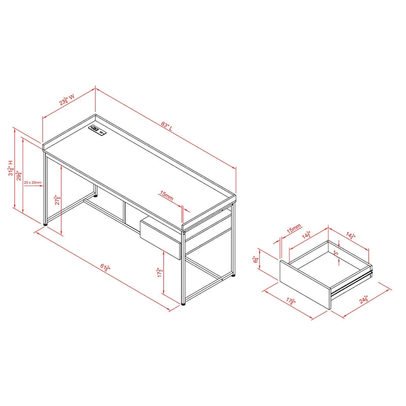 Bureau industriel gris clair / chêne rustique avec tiroir, étagère et ports USB pour 1 personne