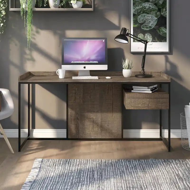 Bureau industriel gris clair / chêne rustique avec tiroir, étagère et ports USB pour 1 personne
