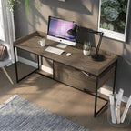 Bureau industriel gris clair / chêne rustique avec tiroir, étagère et ports USB pour 1 personne