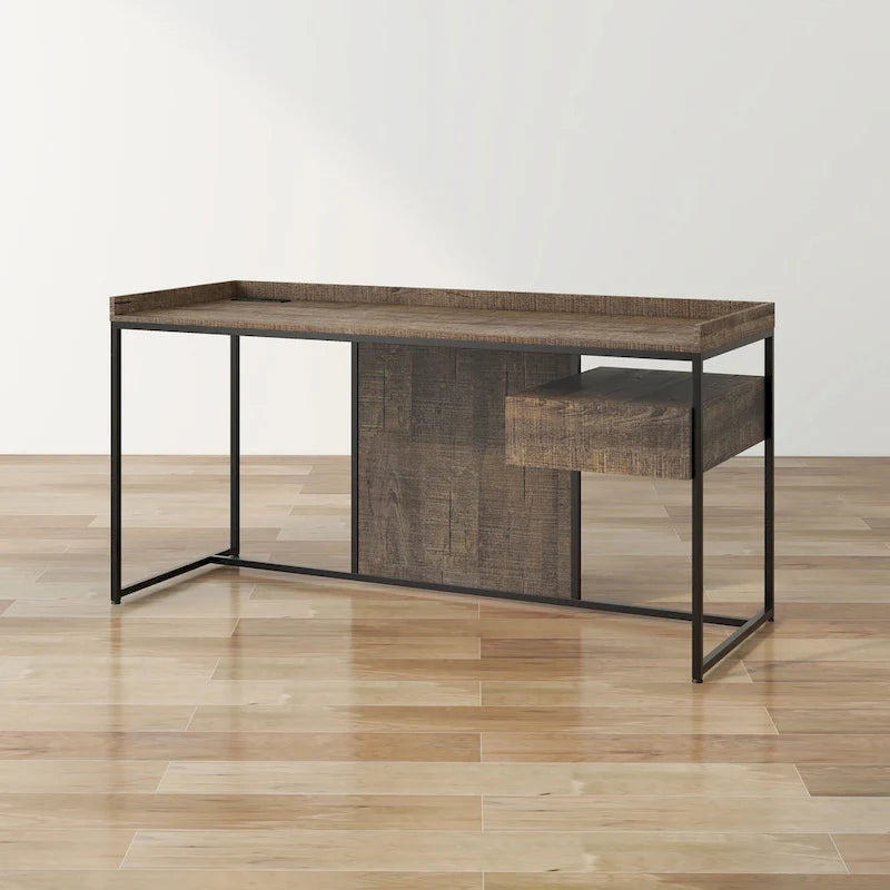 Bureau industriel gris clair / chêne rustique avec tiroir, étagère et ports USB pour 1 personne