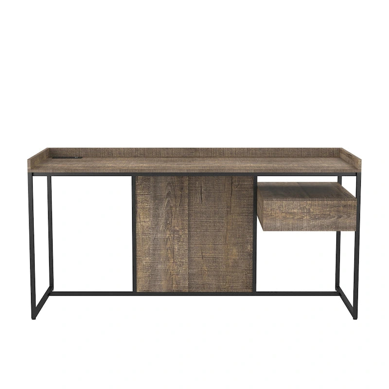 Bureau industriel gris clair / chêne rustique avec tiroir, étagère et ports USB pour 1 personne