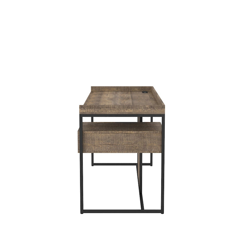 Bureau industriel gris clair / chêne rustique avec tiroir, étagère et ports USB pour 1 personne