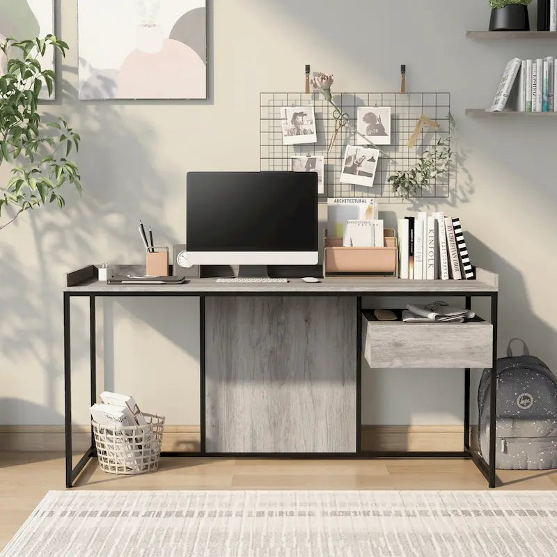 Bureau industriel gris clair / chêne rustique avec tiroir, étagère et ports USB pour 1 personne