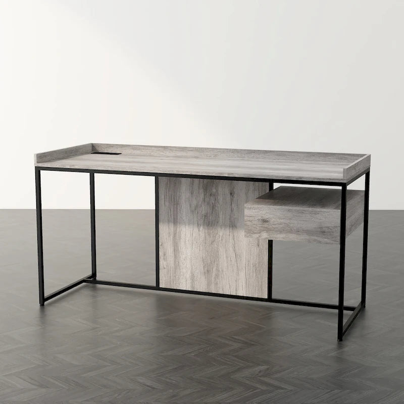 Bureau industriel gris clair / chêne rustique avec tiroir, étagère et ports USB pour 1 personne