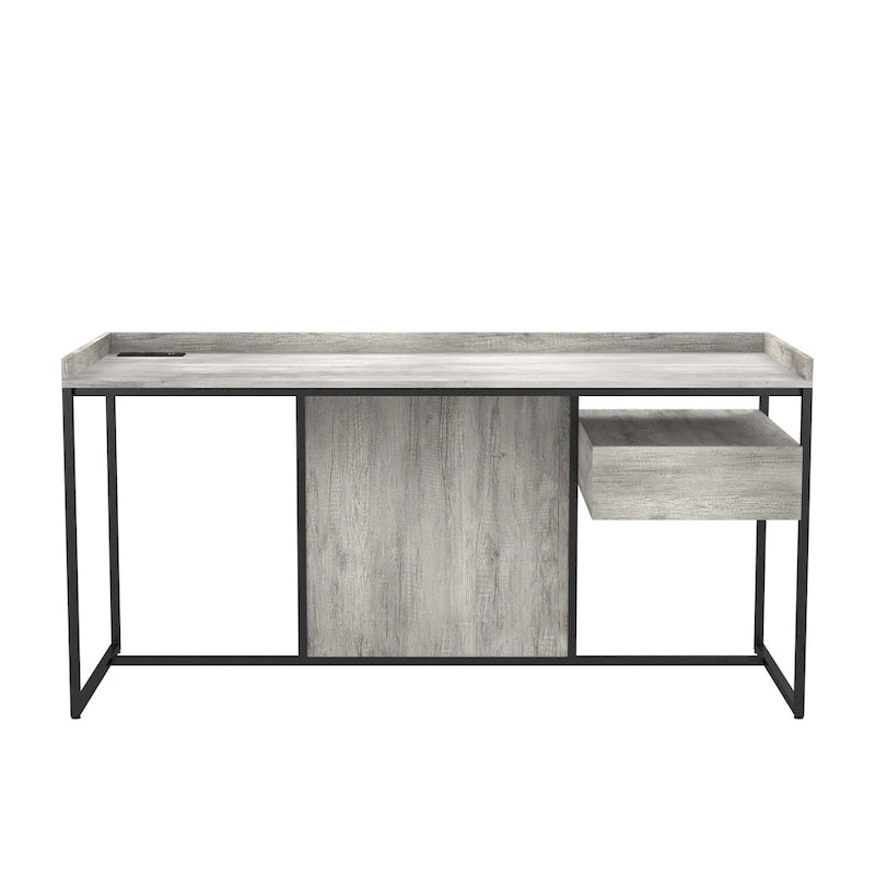 Bureau industriel gris clair / chêne rustique avec tiroir, étagère et ports USB pour 1 personne