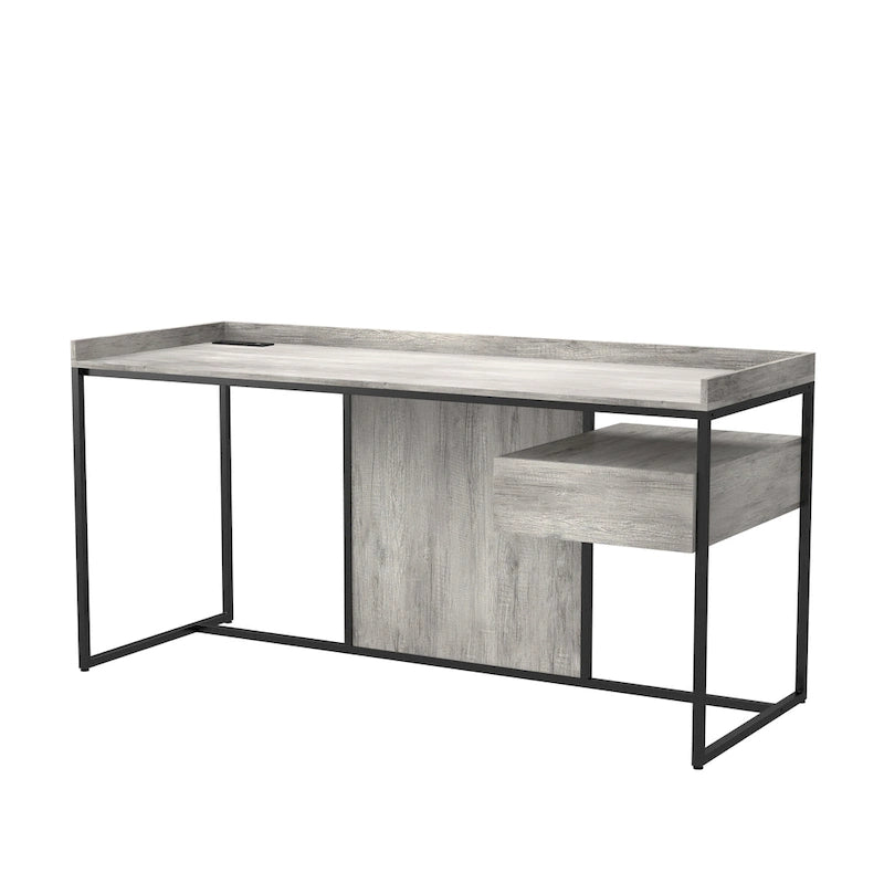Bureau industriel gris clair / chêne rustique avec tiroir, étagère et ports USB pour 1 personne