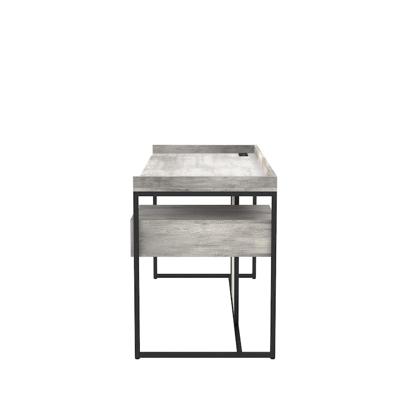 Bureau industriel gris clair / chêne rustique avec tiroir, étagère et ports USB pour 1 personne