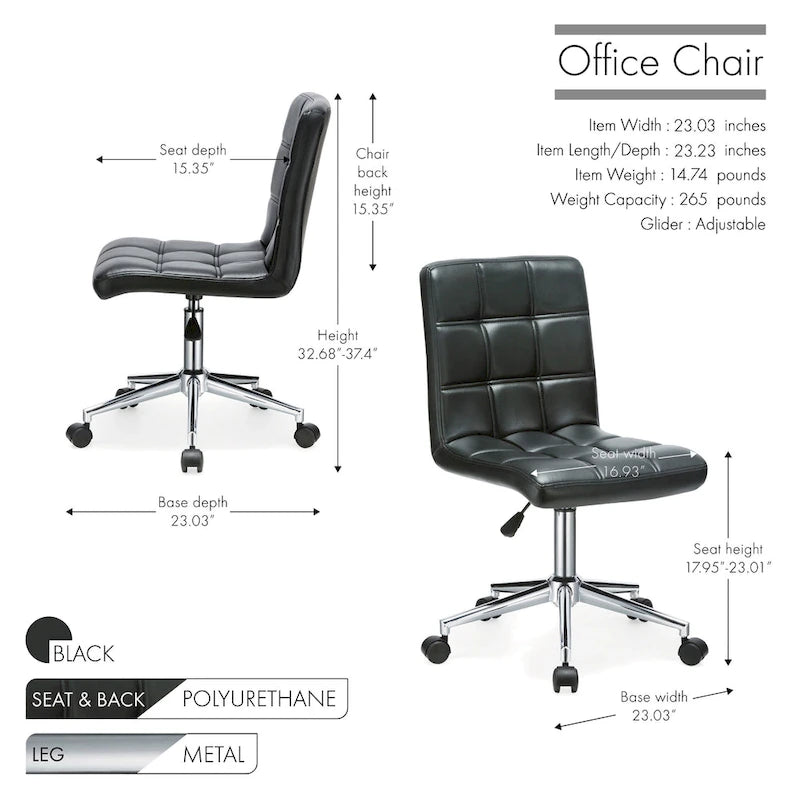 Chaise de bureau sans accoudoirs capitonnée en similicuir noir / marron / gris / rouge / rose avec roulettes, 1 pièce