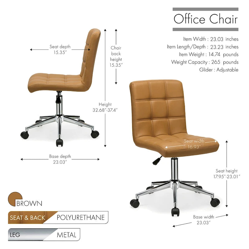 Chaise de bureau sans accoudoirs capitonnée en similicuir noir / marron / gris / rouge / rose avec roulettes, 1 pièce