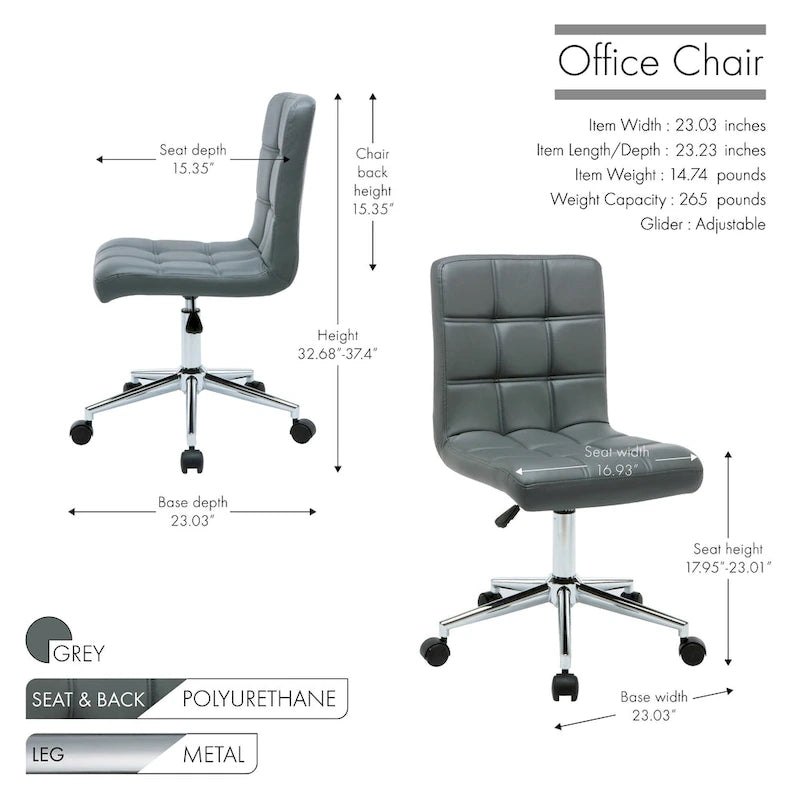 Chaise de bureau sans accoudoirs capitonnée en similicuir noir / marron / gris / rouge / rose avec roulettes, 1 pièce