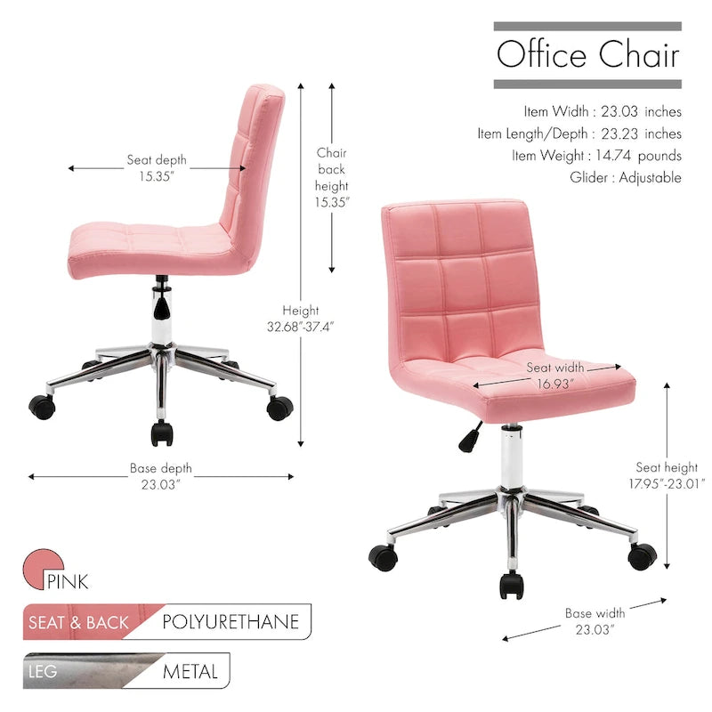 Chaise de bureau sans accoudoirs capitonnée en similicuir noir / marron / gris / rouge / rose avec roulettes, 1 pièce
