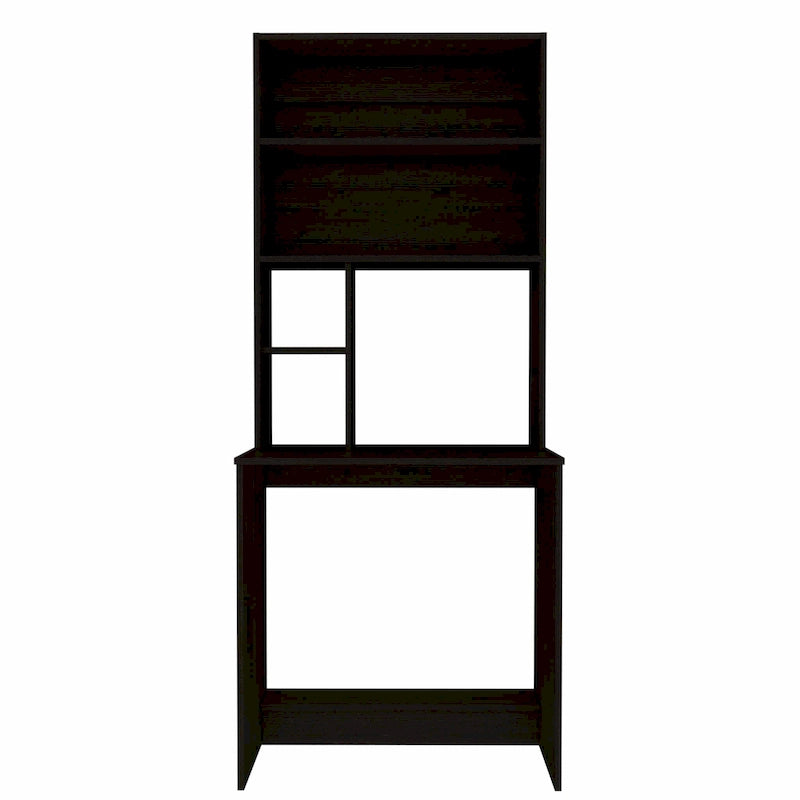 Bureau en stratifié noir/chêne gris/gris clair avec huche et 5 étagères ouvertes pour 1 personne
