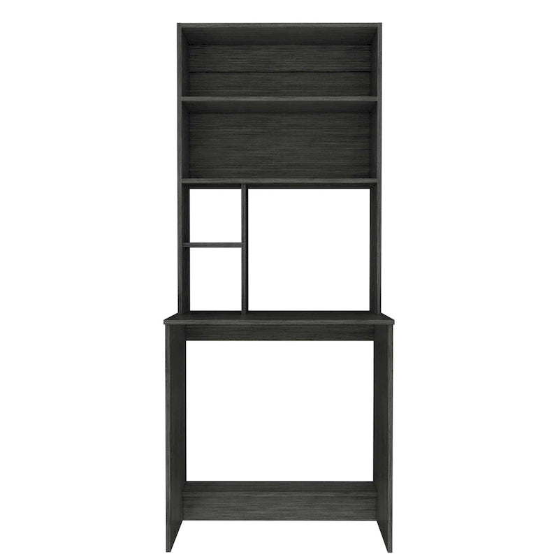 Bureau en stratifié noir/chêne gris/gris clair avec huche et 5 étagères ouvertes pour 1 personne
