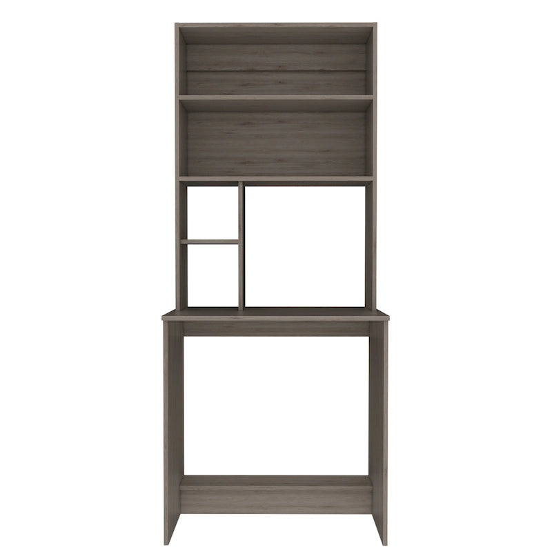 Bureau en stratifié noir/chêne gris/gris clair avec huche et 5 étagères ouvertes pour 1 personne