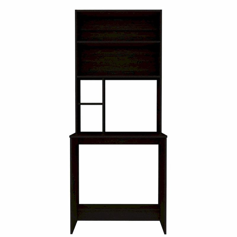 Bureau en stratifié noir/chêne gris/gris clair avec huche et 5 étagères ouvertes pour 1 personne