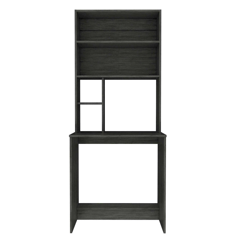 Bureau en stratifié noir/chêne gris/gris clair avec huche et 5 étagères ouvertes pour 1 personne