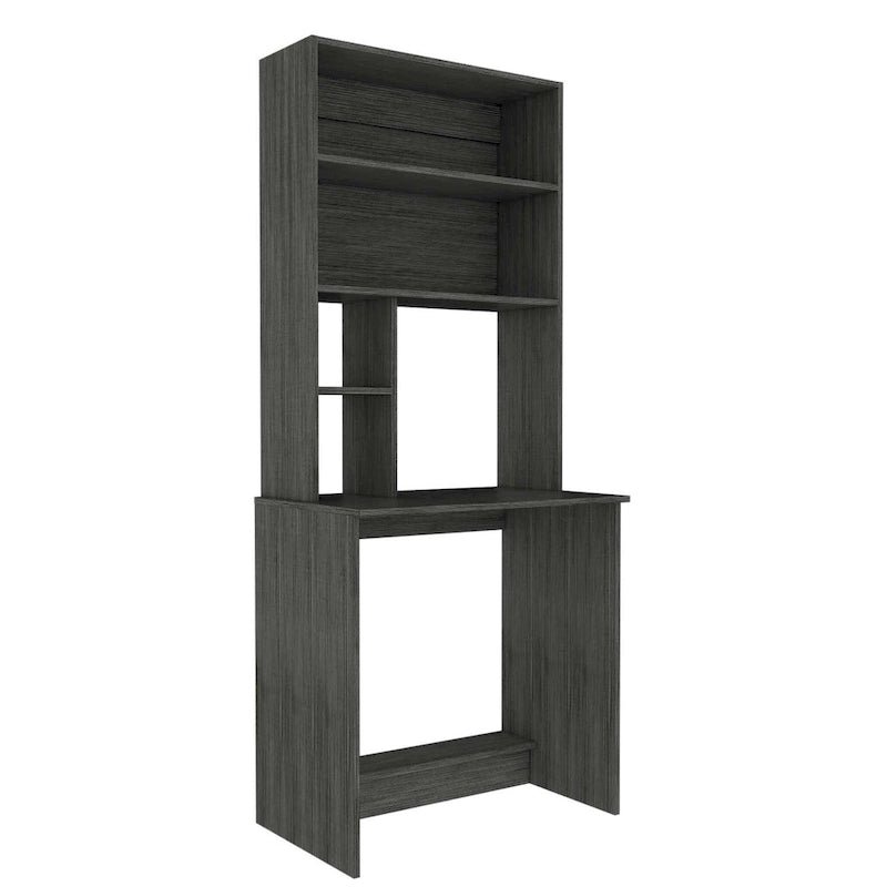 Bureau en stratifié noir/chêne gris/gris clair avec huche et 5 étagères ouvertes pour 1 personne