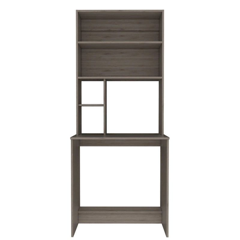 Bureau en stratifié noir/chêne gris/gris clair avec huche et 5 étagères ouvertes pour 1 personne