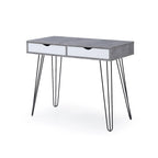 Bureau gris en bois dur, style milieu de siècle, avec pieds épingles noirs et 2 tiroirs pour 1 personne