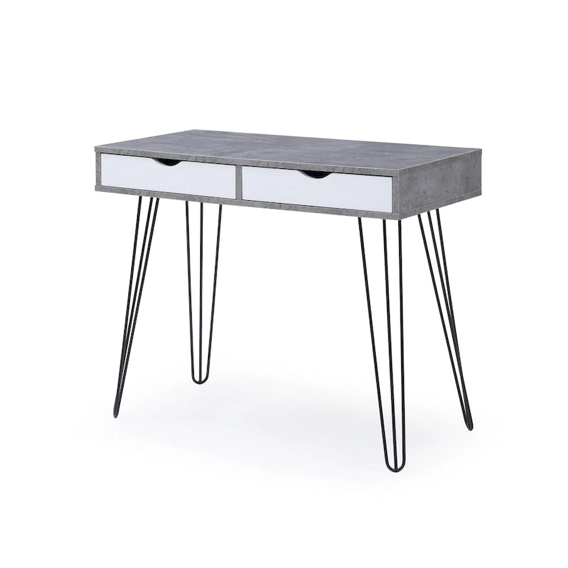 Bureau gris en bois dur, style milieu de siècle, avec pieds épingles noirs et 2 tiroirs pour 1 personne