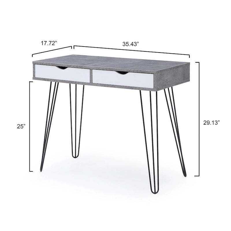 Bureau gris en bois dur, style milieu de siècle, avec pieds épingles noirs et 2 tiroirs pour 1 personne